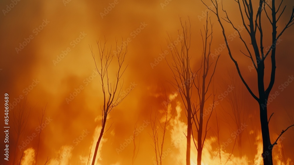 Obraz premium A forest engulfed in flames, showing the devastating effects of wildfires.