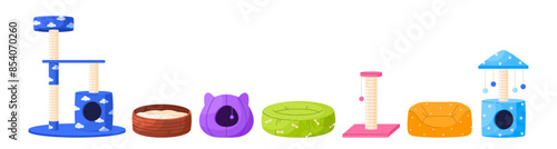 Set of cat furniture for sleep. Collection of pet bed houses, cat tree with climbing platforms, toys and scratching post. Cat towers and baskets. Vector illustration in cartoon style. Isolated on whit