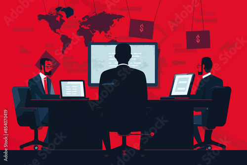 Three businessmen and IT excperts in front of their monitors, observing the internet, cyber,attack, cyberspace, data privacy, protection, network, online photo