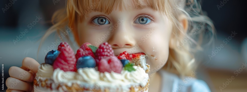 A child closely examines a cake slice topped with fruit as they gaze at the camera A child closely examines a cake slice topped with fruit as they gaze at the camera