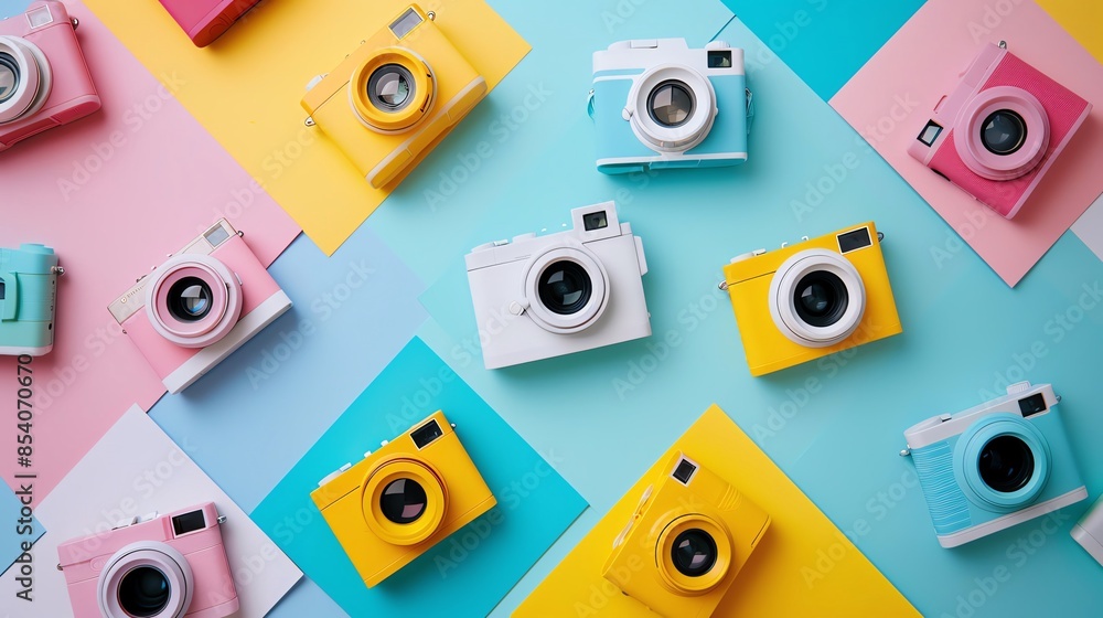 Instant cameras with vibrant prints, highlighting the joy of instant photography, captured midaction with a developing photo emerging, emphasizing spontaneity Instant cameras with vibrant prints, highlighting the joy of instant photography, captured midaction with a developing photo emerging, emphasizing spontaneity