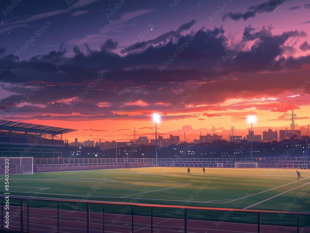Soccer Stadium at DuskBeautiful Sky Transition and Lights Overflowing Soccer Stadium at DuskBeautiful Sky Transition and Lights Overflowing
