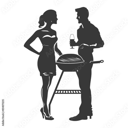 Silhouette BBQ Romance: Evening Grill, Wine Toast, Couple Chat.
