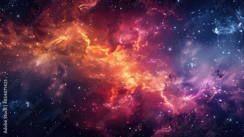A vibrant nebula with swirling orange, pink, and blue hues against a dark starry background. A vibrant nebula with swirling orange, pink, and blue hues against a dark starry background.
