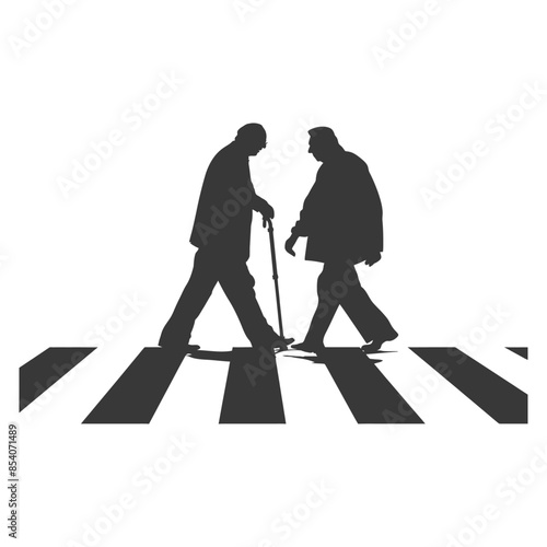 Silhouetted Seniors Crossing: Zebra Stripes, Canes, White Background.