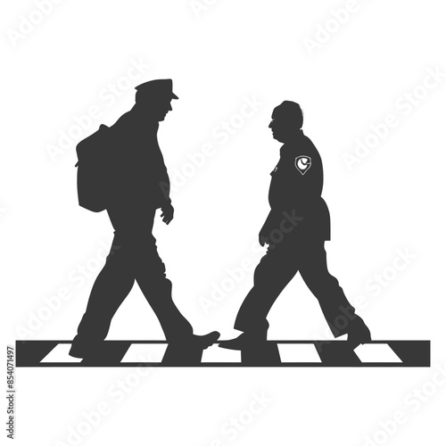 Silhouetted Men Crossing: Authority and Civilian in Step.