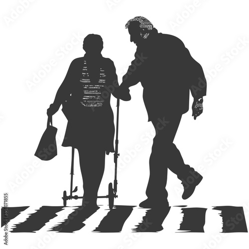 Elderly Couple Crossing Zebra, Silhouette, Caretaker Assisting, Walker, Monochrome.