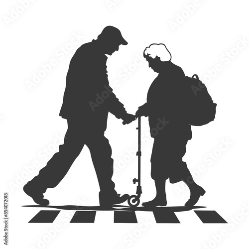 Silhouette: Man assisting elderly woman with scooter on crosswalk, support.
