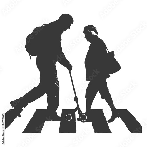 Zebra Crossing Silhouettes: Student Helping Elderly Woman, Mobility Scooter.