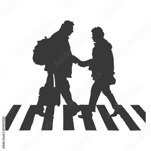 Silhouette handshake: Travelers meeting on zebra crossing, backpack and luggage.