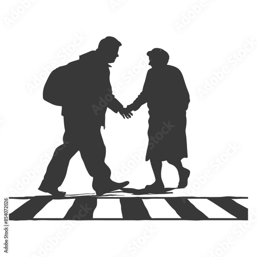 Helping Hand: Silhouette of Young Man Assisting Elderly Woman on Zebra Crossing.