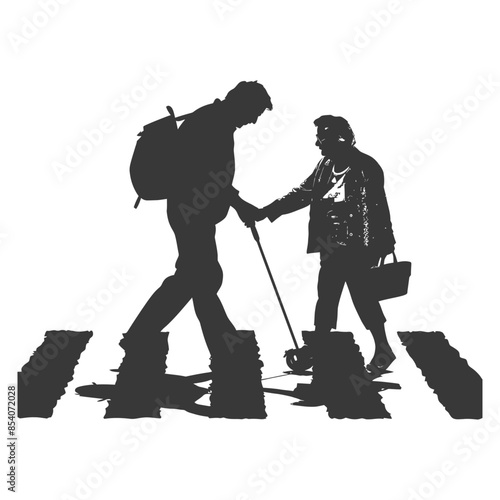 Silhouette Support: Man Guiding Blind Woman Across Zebra Crossing.