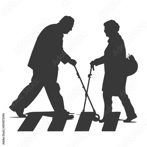 Silhouetted seniors with canes crossing zebra stripes, elderly couple vector.