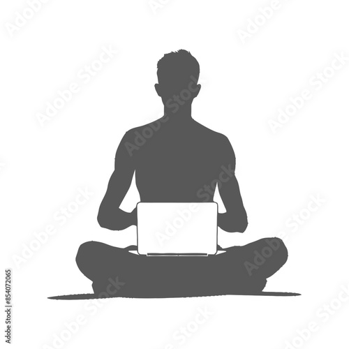 Silhouette of Meditating Man with Laptop: Digital Nomad Serenity