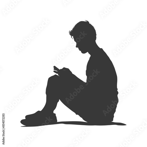 Silhouette of a Young Man Sitting, Focused on Mobile Device, Isolated on White.