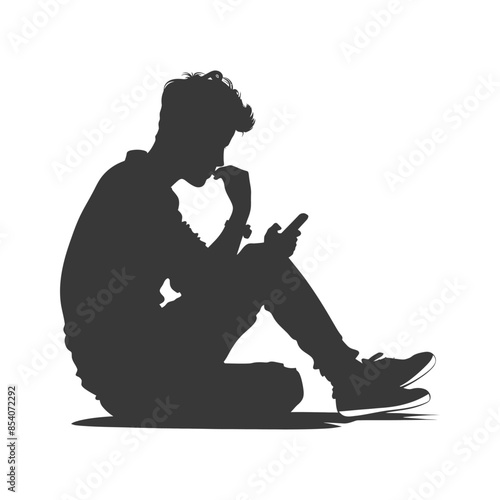 Silhouette of thoughtful young man sitting with phone, biting fingernail.