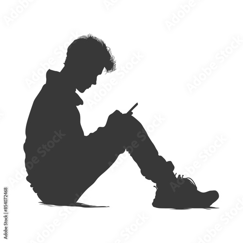 Silhouette of Seated Teenager Engrossed in Phone, Casual Style.