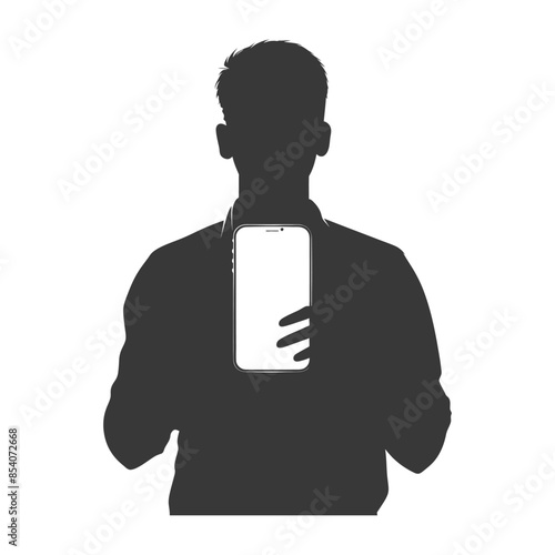 Silhouette holding illuminated blank phone screen, isolated on white.
