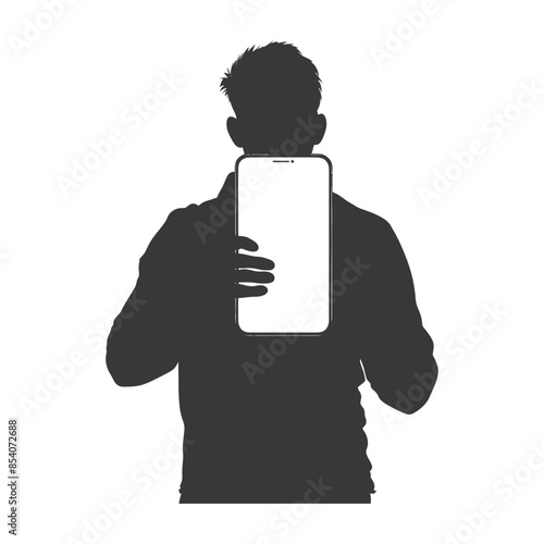 Silhouette Man Holding Blank Tablet, White Screen, Technology Demo.