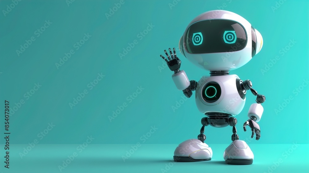 A cartoon robot waving hello on a teal background.