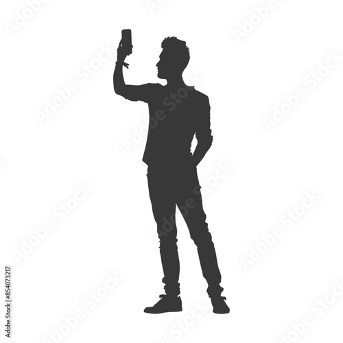 silhouette man taking selfie photo on smartphone with poses black color only