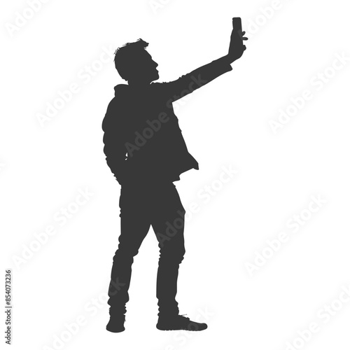 silhouette man taking selfie photo on smartphone with poses black color only