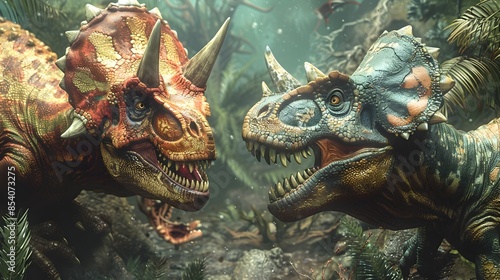 Fierce Pachycephalosaurus Dinosaurs Head-Butting in Prehistoric Battle photo