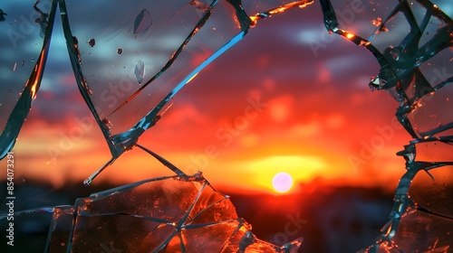 Sunset Through Broken Glass: A sunset viewed through a broken window, with the colorful sky contrasting the jagged edges of the glass.