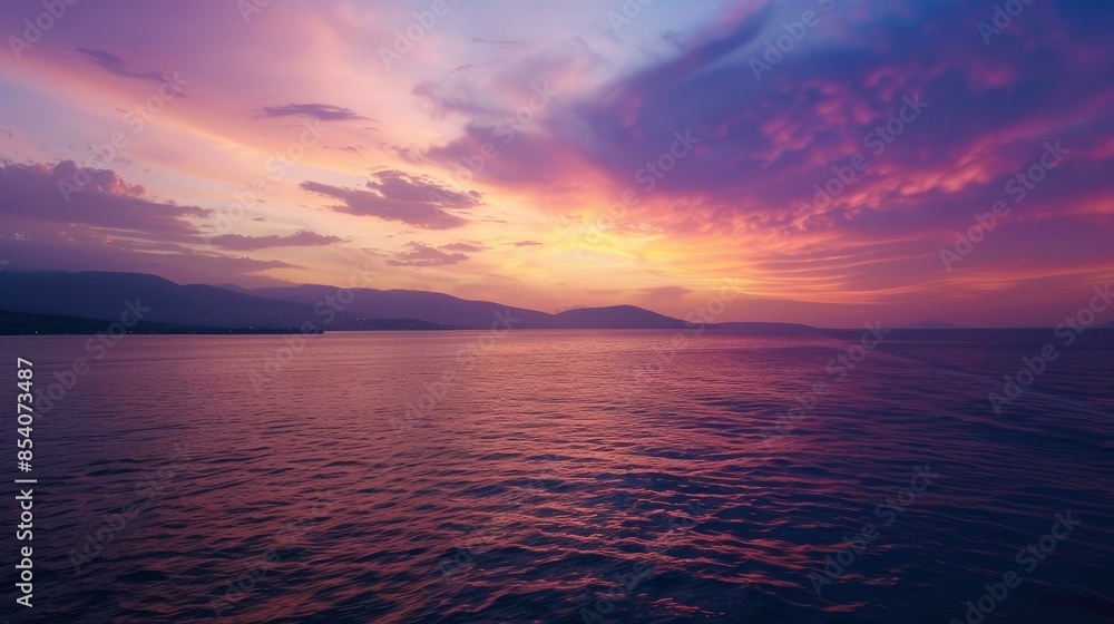 Obraz premium A sunset over a calm sea, with the sky filled with pink, purple, and orange hues, and mountains visible in the distance.