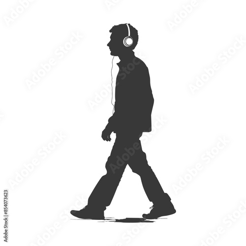 Silhouette of a walker with headphones, isolated on white.