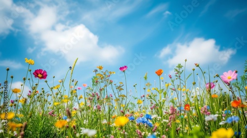 Fototapeta Naklejka Na Ścianę i Meble -  Colorful spring flower meadow with lots of wildflowers against a blue sky