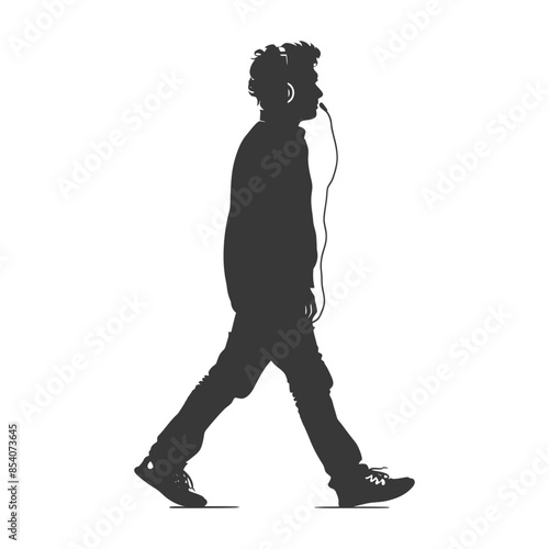 Silhouette: Man walking, headphones, casual, isolated, white background.