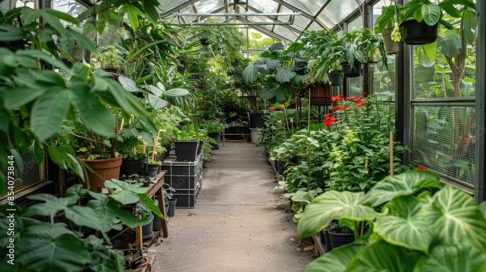 The image displays a greenhouse walkway lined with various potted green plants and some flowering plants with red blooms, all under a transparent roof. The image displays a greenhouse walkway lined with various potted green plants and some flowering plants with red blooms, all under a transparent roof.