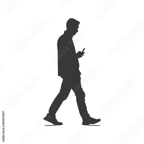 Silhouette of a man walking and using his smartphone.
