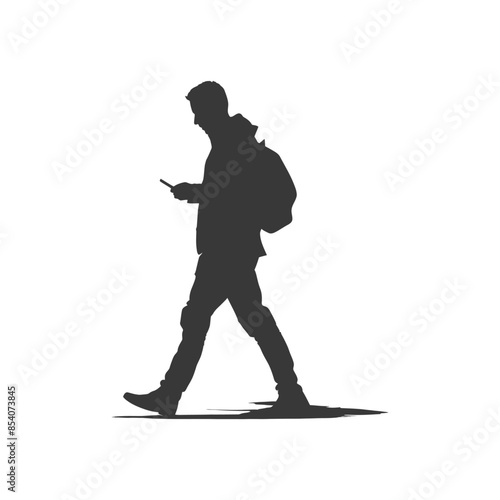 Silhouette of a Backpacking Millennial Texting While Walking.