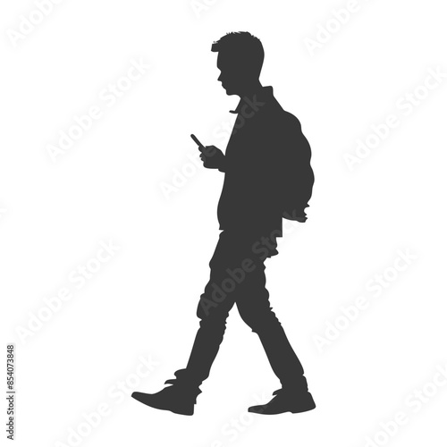 Silhouette of Man Walking with Backpack, Texting on Phone, Isolated.