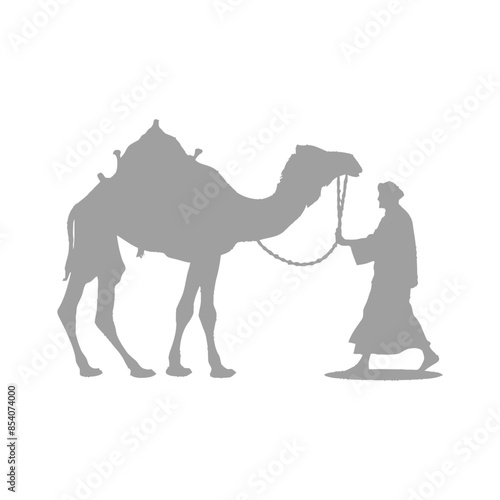 Camel and Handler Silhouette: Desert Guide Leading Pack Animal.