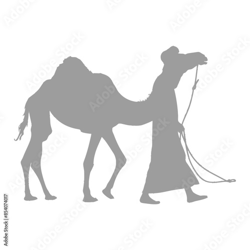 Camel Caravan Silhouette: Bedouin Guide Leading Dromedary, Desert Traveler Icon