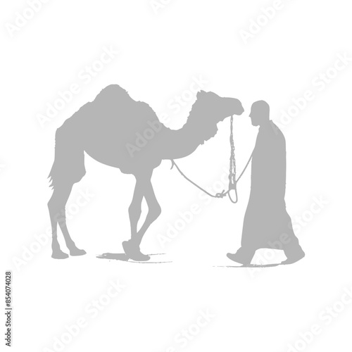 Gray Silhouette: Bedouin Man Walking Camel, Monochromatic Desert Scene.