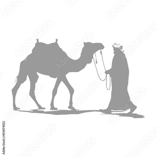 Camel Trek: Silhouette of Bedouin and Camel in Desert Shade.