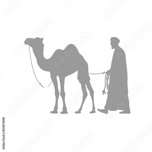Camel Trek: Silhouette of Bedouin Leading Camel in White Landscape