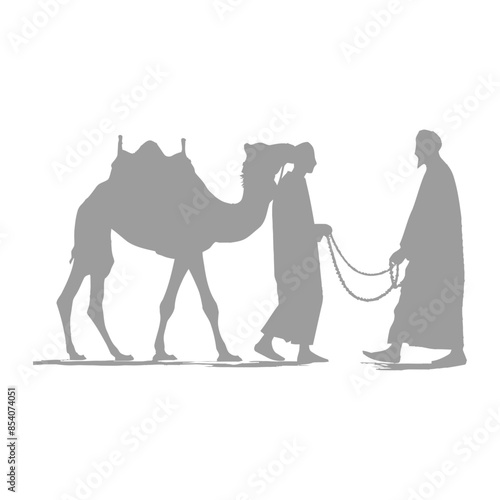 Camel Caravan Silhouette: Two Bedouins Leading a Dromedary.