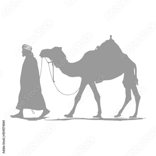 Monochrome Arabian Nomad and Camel Silhouette Walking Desert.