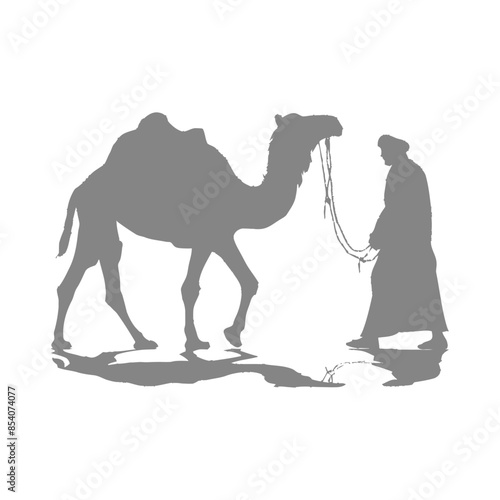 Silhouette of a Bedouin Leading a Camel, Desert Shade.