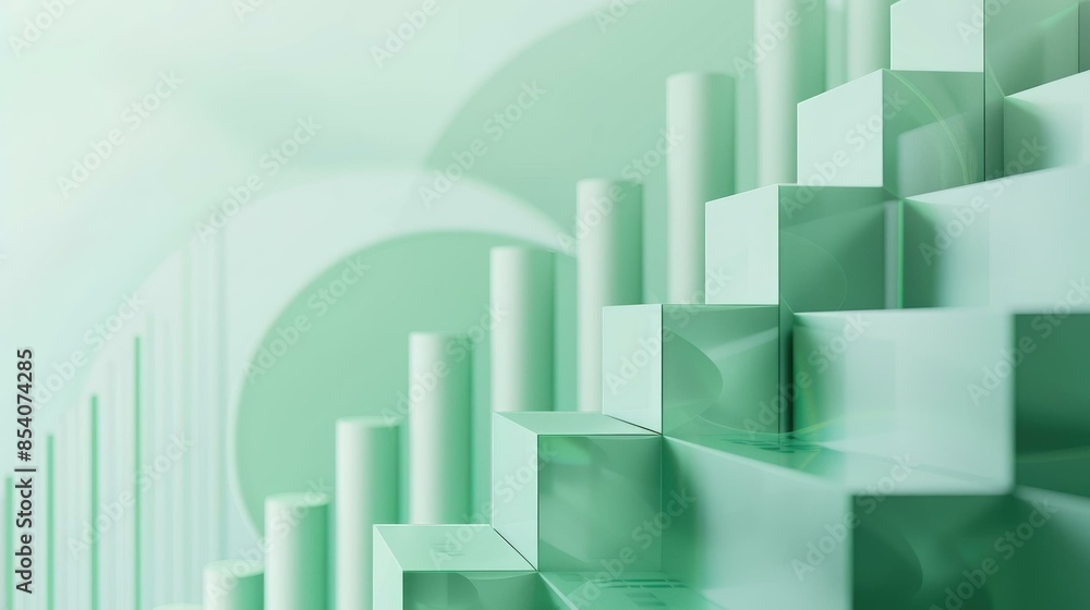 Green 3D cubes and cylinders of varying sizes are arranged in a pattern. The background consists of a gradient of light green shades with smooth arches. Green 3D cubes and cylinders of varying sizes are arranged in a pattern. The background consists of a gradient of light green shades with smooth arches.