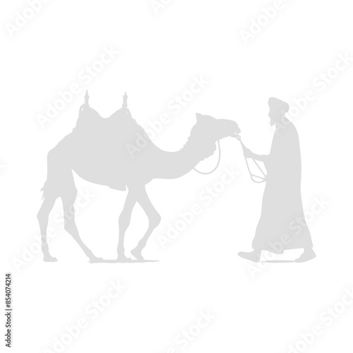 Gray Silhouette of Bedouin Leading Camel on White Background
