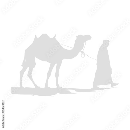 Monochrome Silhouette: Arab Walking with Camel in Desert, Side View.
