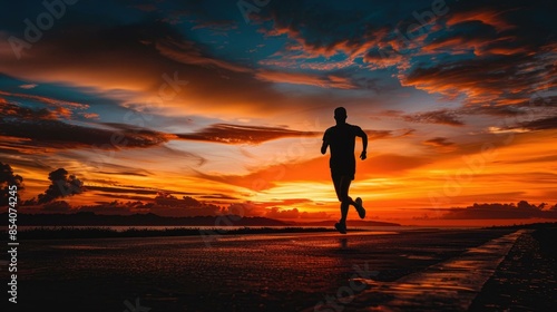 A person runs along a path against a colorful sunset sky with orange and red clouds. The horizon has dark silhouettes of distant land.