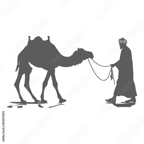 Silhouetted Arab with Camel: Desert Guide in Traditional Dress.