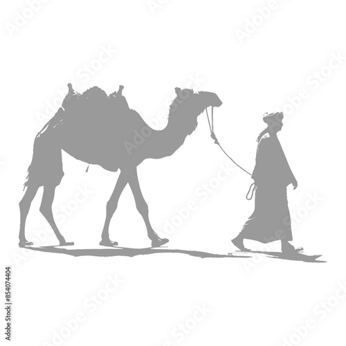 Desert Silhouette: Bedouin and Camel Walking